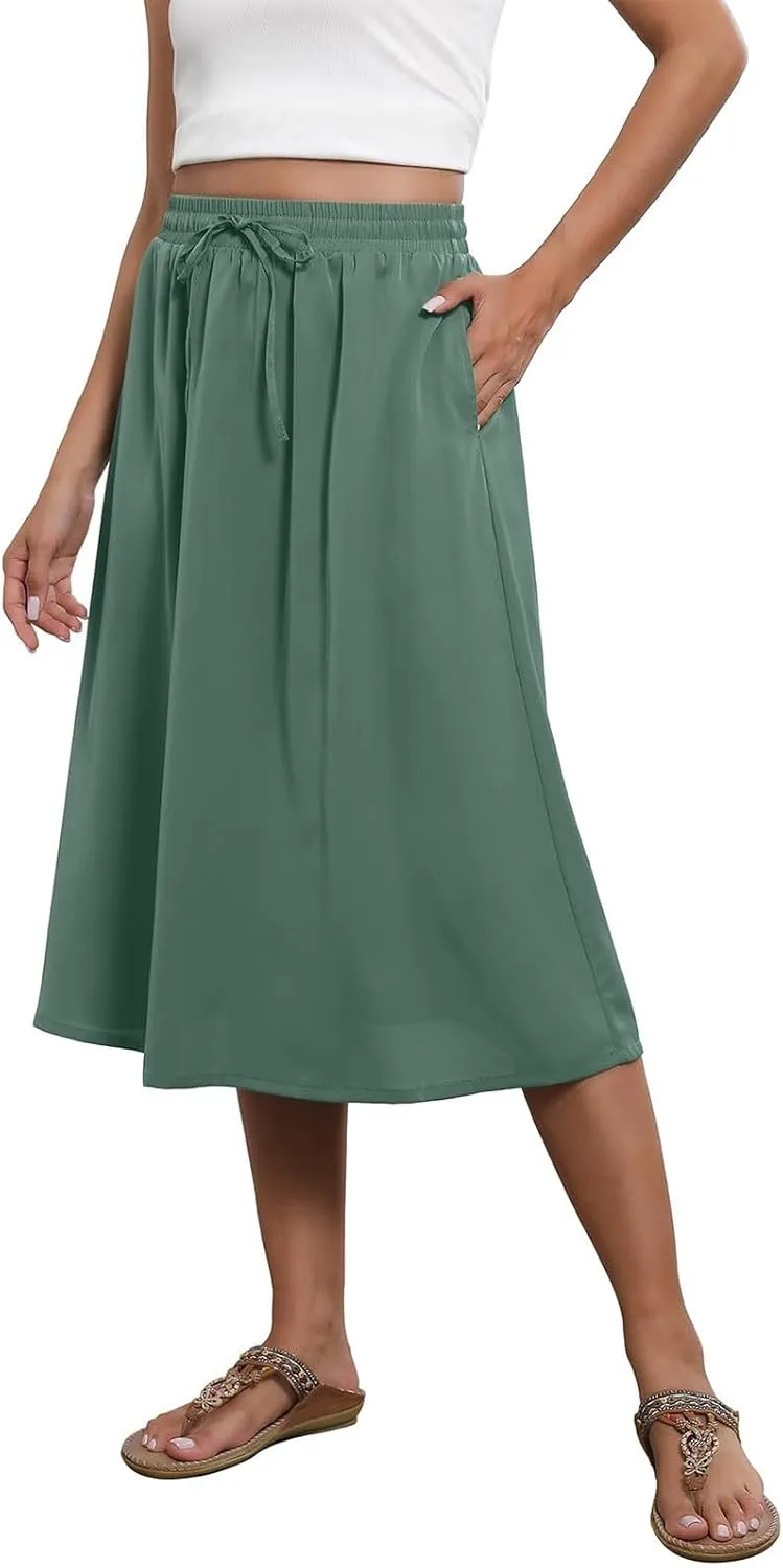 Beach Skirts for Women Drawstring Elastic Waist Summer Midi Skirt A Line Smocked Skirts Knee Length with Pockets