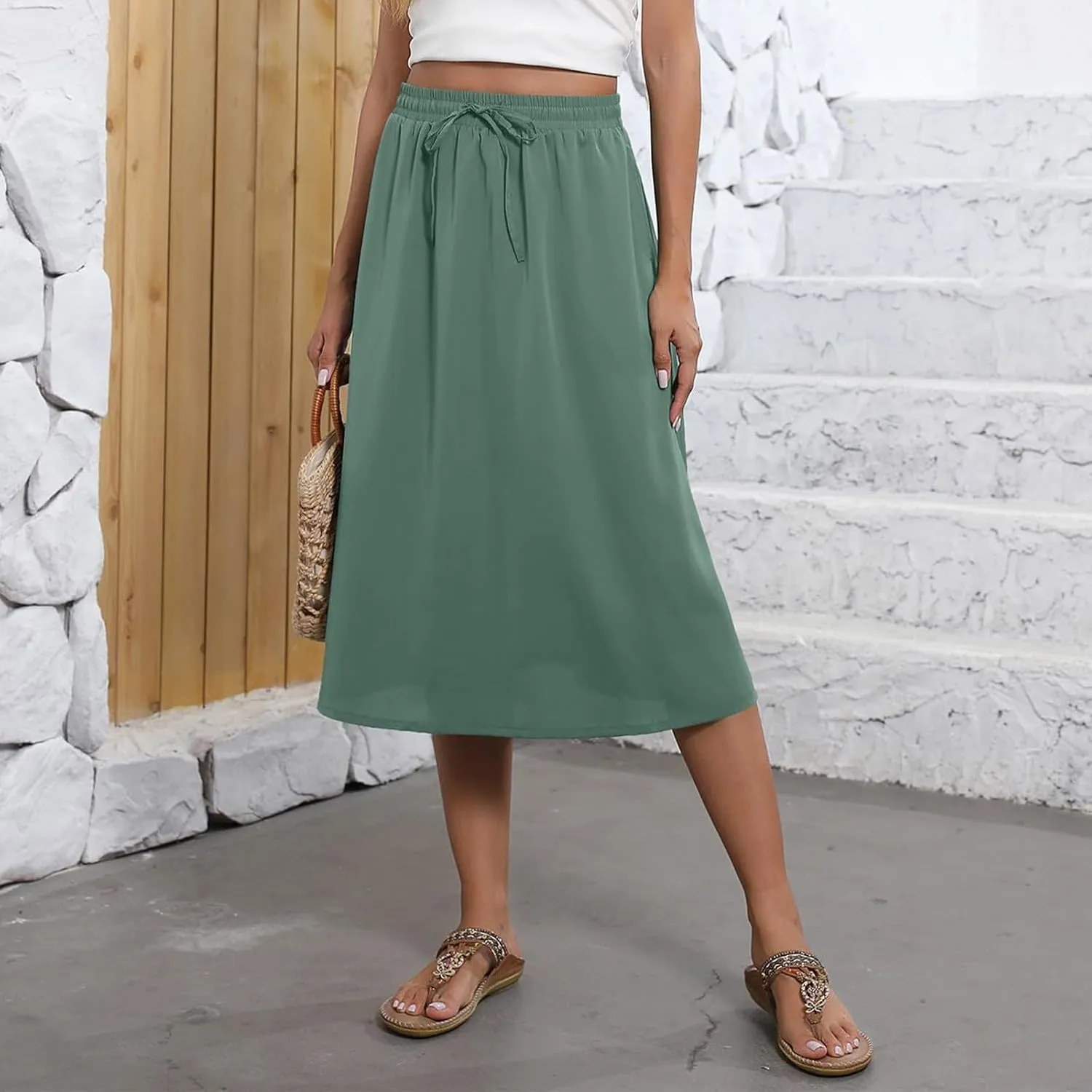 Beach Skirts for Women Drawstring Elastic Waist Summer Midi Skirt A Line Smocked Skirts Knee Length with Pockets