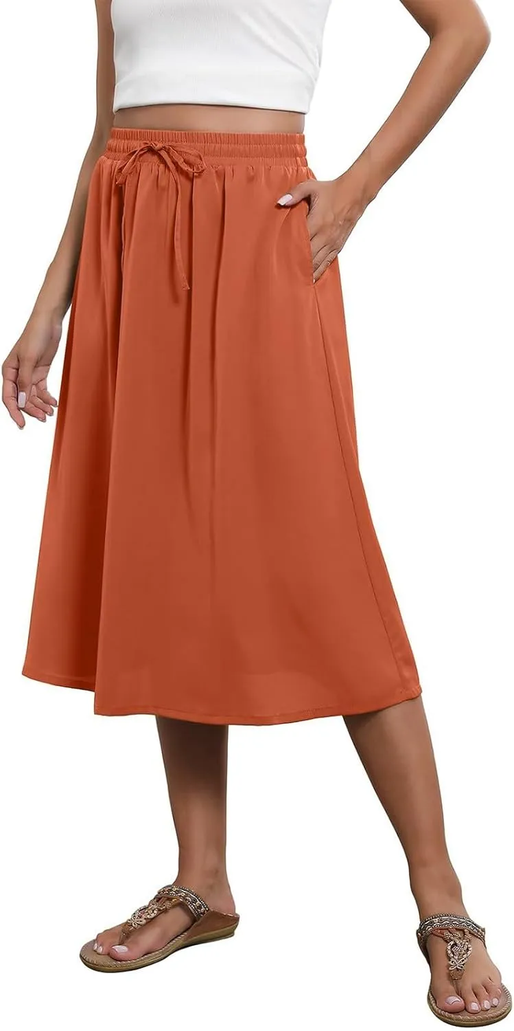 Beach Skirts for Women Drawstring Elastic Waist Summer Midi Skirt A Line Smocked Skirts Knee Length with Pockets