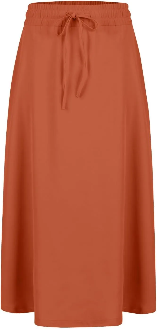 Beach Skirts for Women Drawstring Elastic Waist Summer Midi Skirt A Line Smocked Skirts Knee Length with Pockets