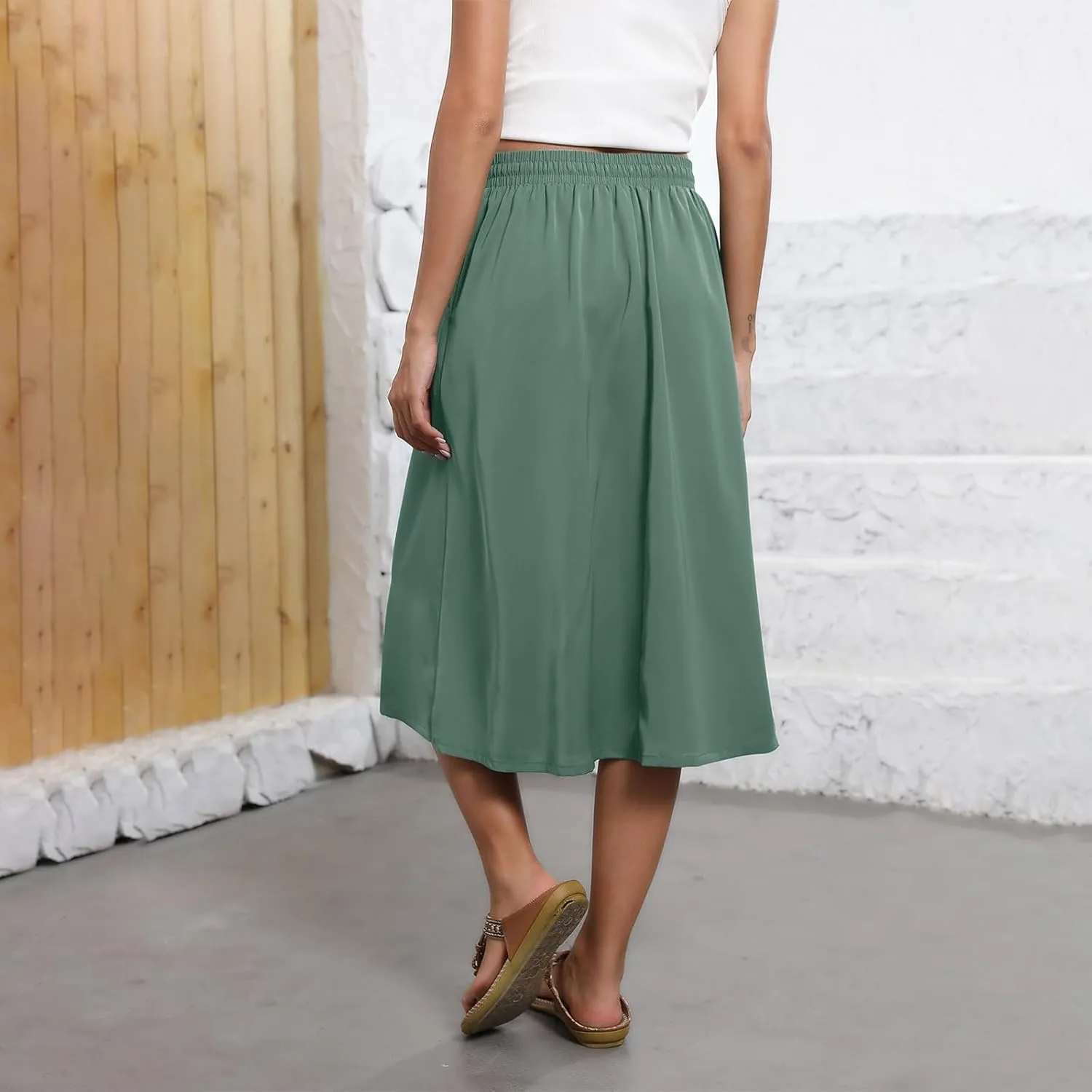 Beach Skirts for Women Drawstring Elastic Waist Summer Midi Skirt A Line Smocked Skirts Knee Length with Pockets