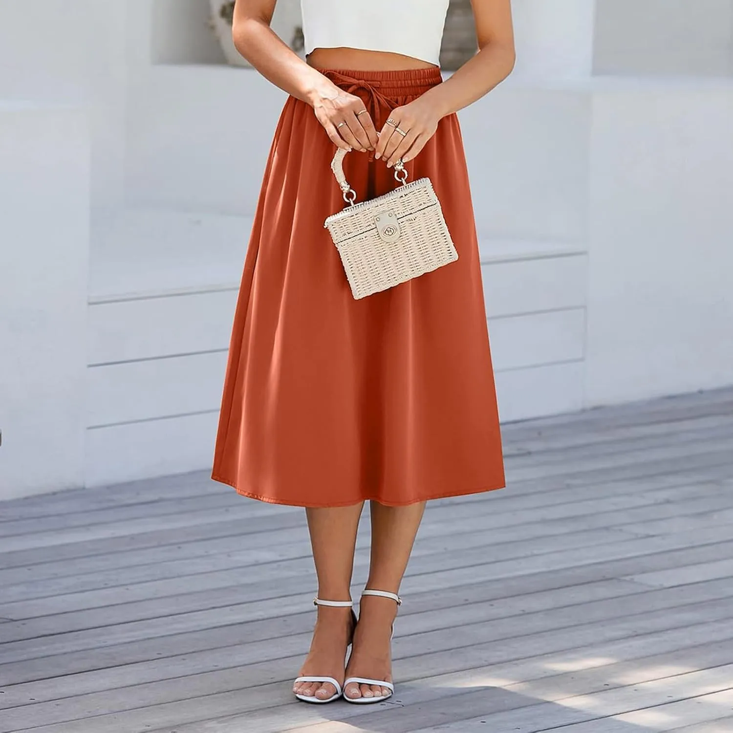 Beach Skirts for Women Drawstring Elastic Waist Summer Midi Skirt A Line Smocked Skirts Knee Length with Pockets