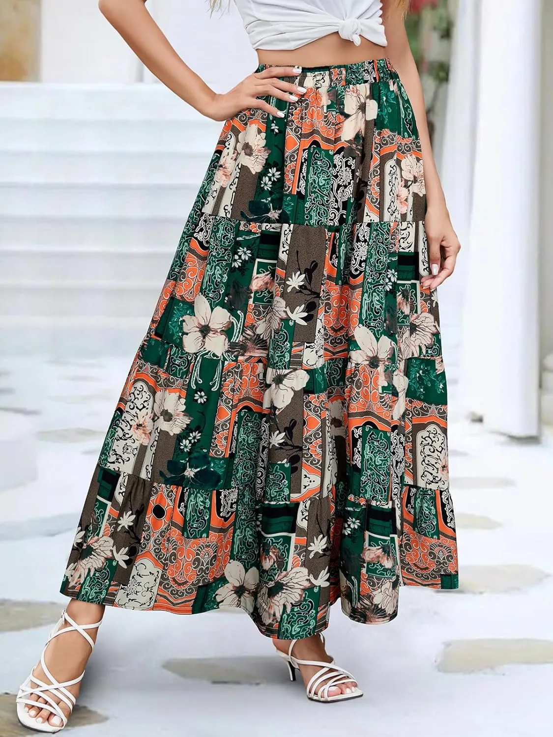 Berydress Long Skirts for Women Trendy Elastic Waist Flowy Summer Ankle Length Boho Flared A Line Tiered Maxi Skirt