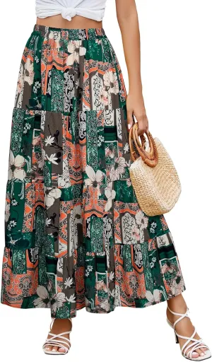 Berydress Long Skirts for Women Trendy Elastic Waist Flowy Summer Ankle Length Boho Flared A Line Tiered Maxi Skirt