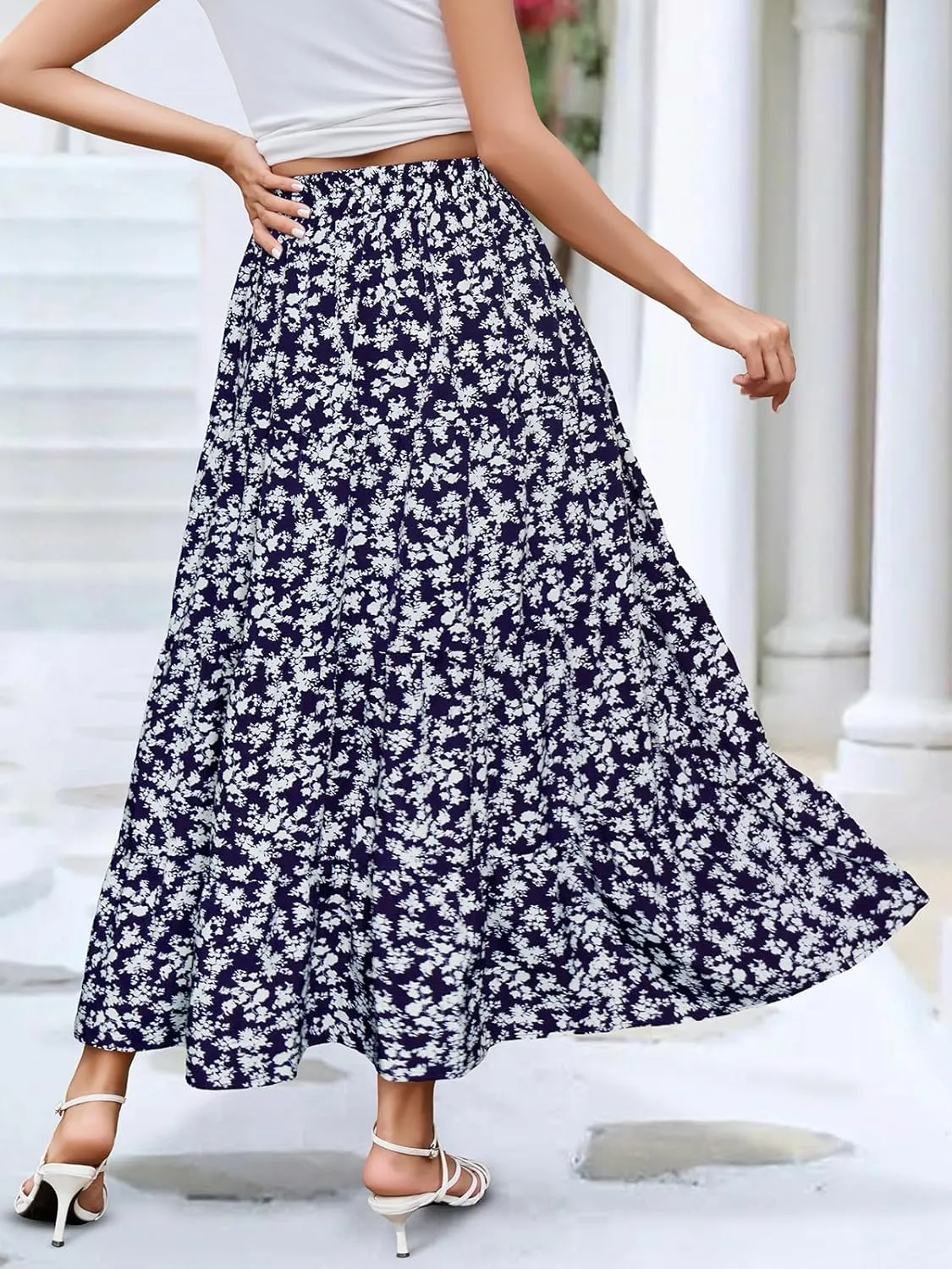 Berydress Long Skirts for Women Trendy Elastic Waist Flowy Summer Ankle Length Boho Flared A Line Tiered Maxi Skirt