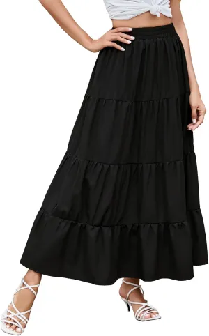 Berydress Long Skirts for Women Trendy Elastic Waist Flowy Summer Ankle Length Boho Flared A Line Tiered Maxi Skirt