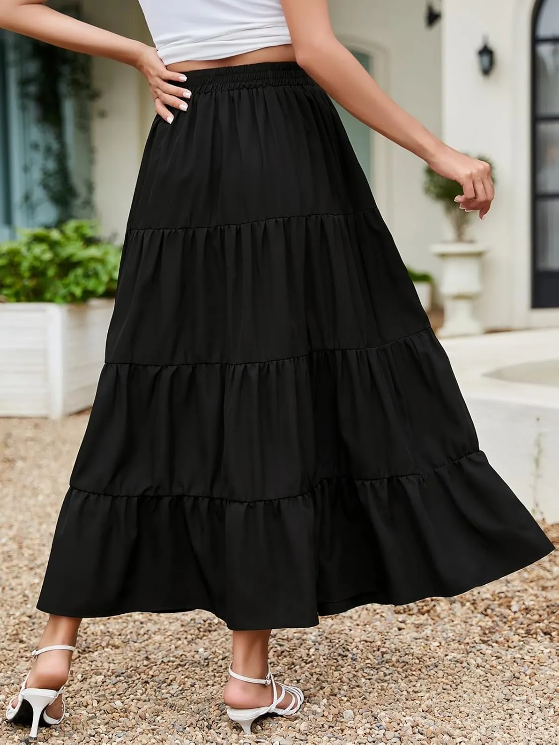 Berydress Long Skirts for Women Trendy Elastic Waist Flowy Summer Ankle Length Boho Flared A Line Tiered Maxi Skirt