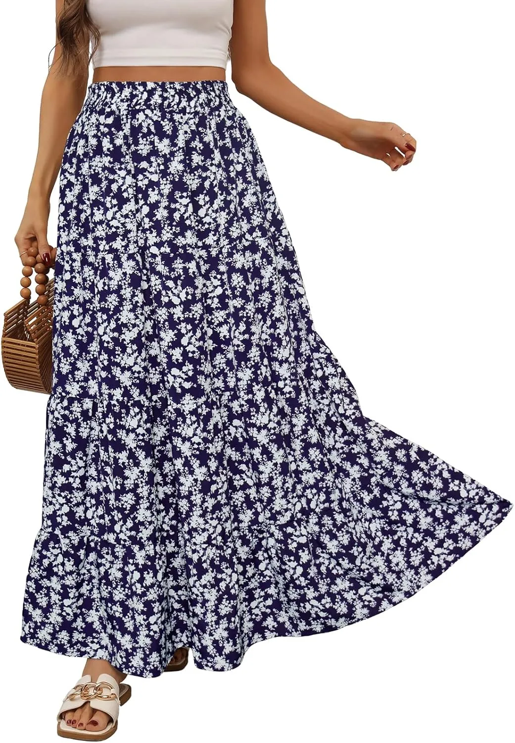 Berydress Long Skirts for Women Trendy Elastic Waist Flowy Summer Ankle Length Boho Flared A Line Tiered Maxi Skirt