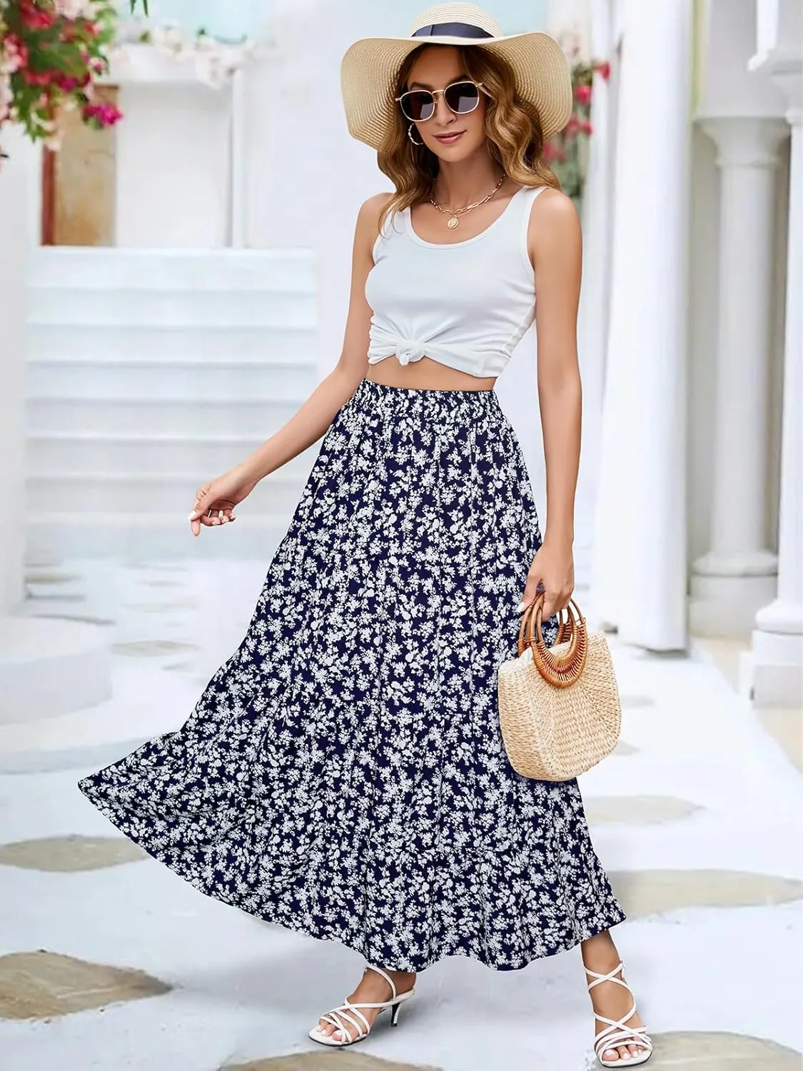 Berydress Long Skirts for Women Trendy Elastic Waist Flowy Summer Ankle Length Boho Flared A Line Tiered Maxi Skirt