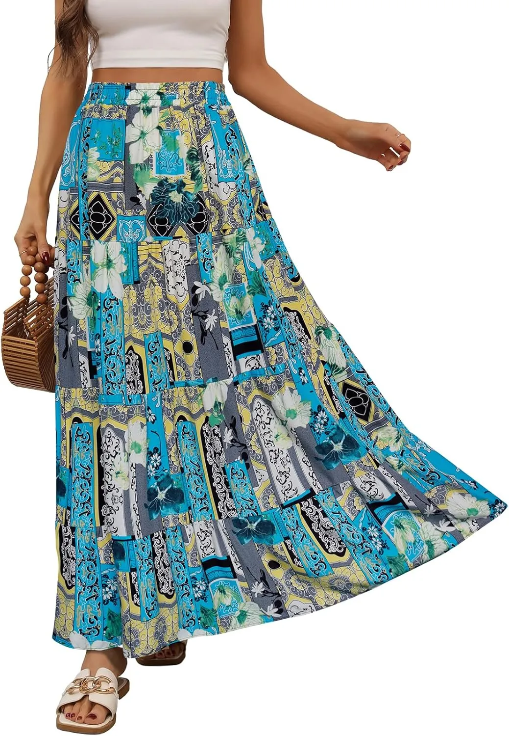 Berydress Long Skirts for Women Trendy Elastic Waist Flowy Summer Ankle Length Boho Flared A Line Tiered Maxi Skirt