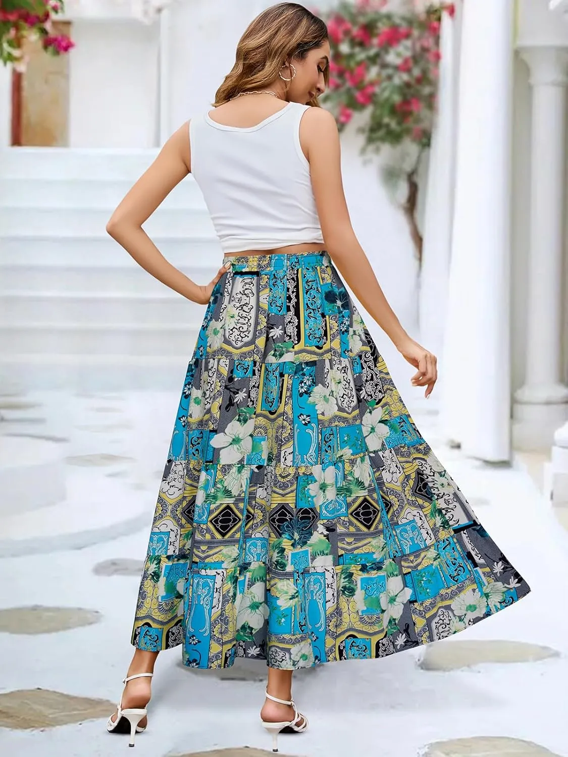 Berydress Long Skirts for Women Trendy Elastic Waist Flowy Summer Ankle Length Boho Flared A Line Tiered Maxi Skirt