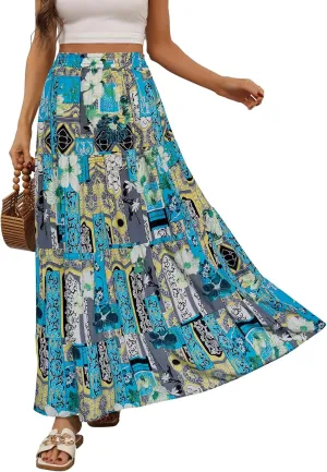 Berydress Long Skirts for Women Trendy Elastic Waist Flowy Summer Ankle Length Boho Flared A Line Tiered Maxi Skirt