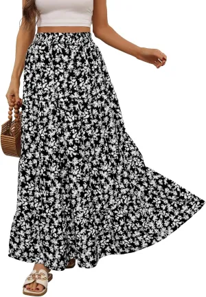 Berydress Long Skirts for Women Trendy Elastic Waist Flowy Summer Ankle Length Boho Flared A Line Tiered Maxi Skirt