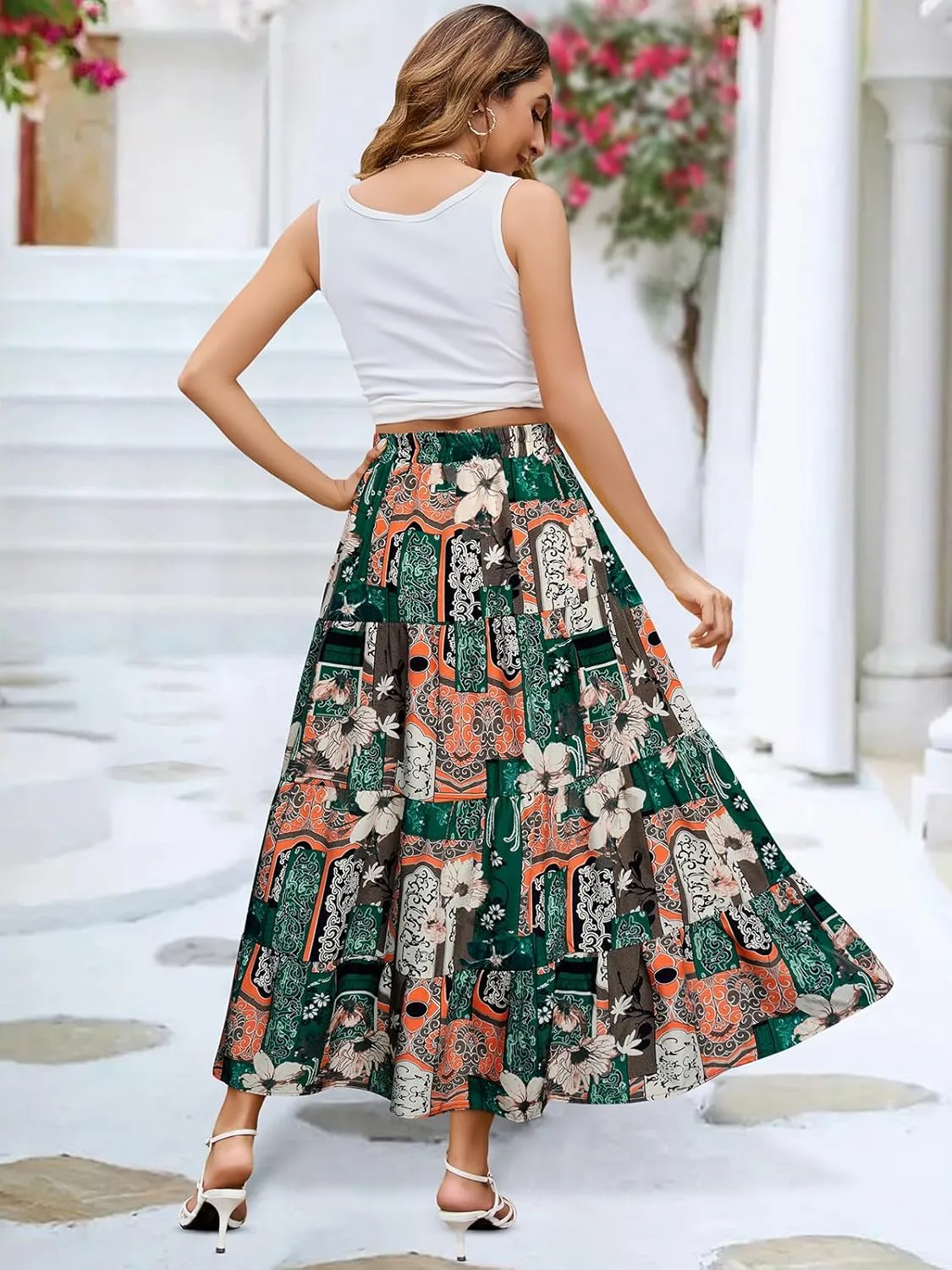 Berydress Long Skirts for Women Trendy Elastic Waist Flowy Summer Ankle Length Boho Flared A Line Tiered Maxi Skirt