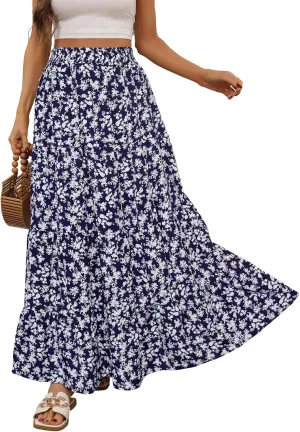 Berydress Long Skirts for Women Trendy Elastic Waist Flowy Summer Ankle Length Boho Flared A Line Tiered Maxi Skirt
