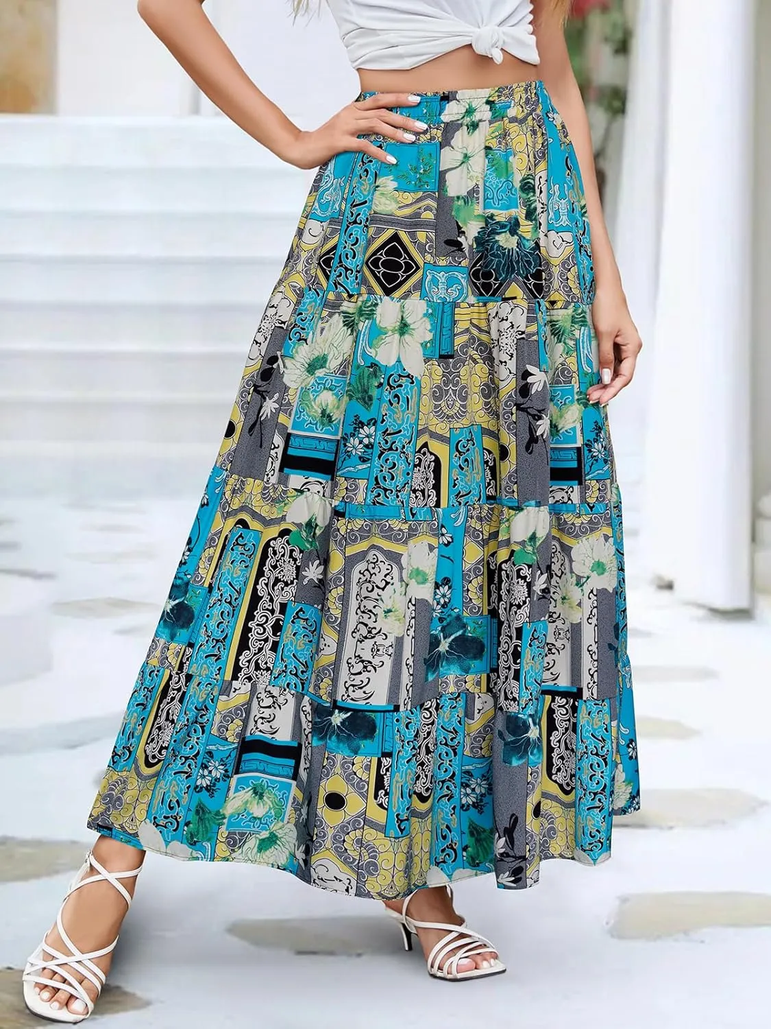 Berydress Long Skirts for Women Trendy Elastic Waist Flowy Summer Ankle Length Boho Flared A Line Tiered Maxi Skirt
