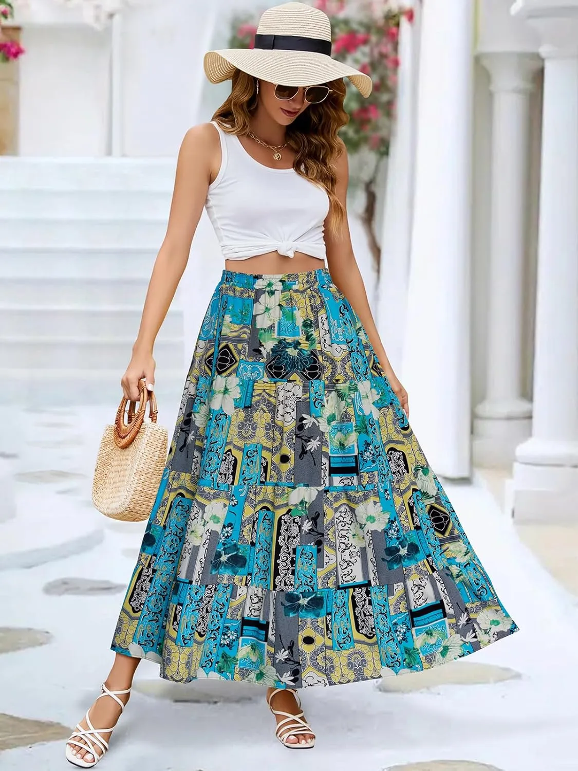Berydress Long Skirts for Women Trendy Elastic Waist Flowy Summer Ankle Length Boho Flared A Line Tiered Maxi Skirt