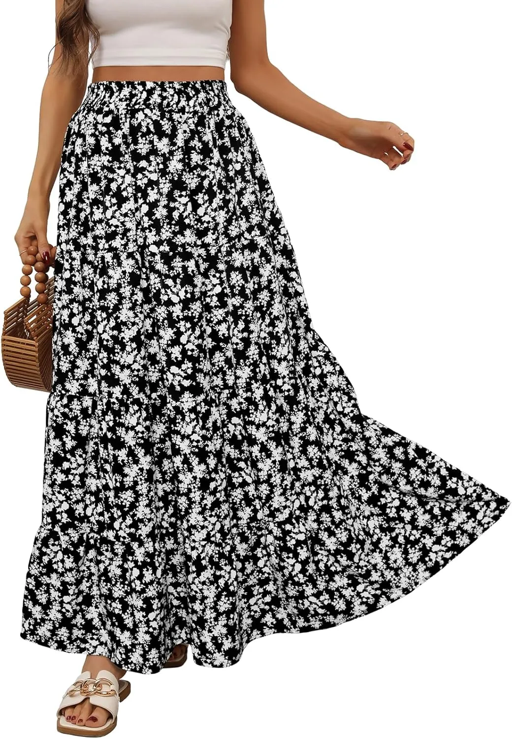 Berydress Long Skirts for Women Trendy Elastic Waist Flowy Summer Ankle Length Boho Flared A Line Tiered Maxi Skirt