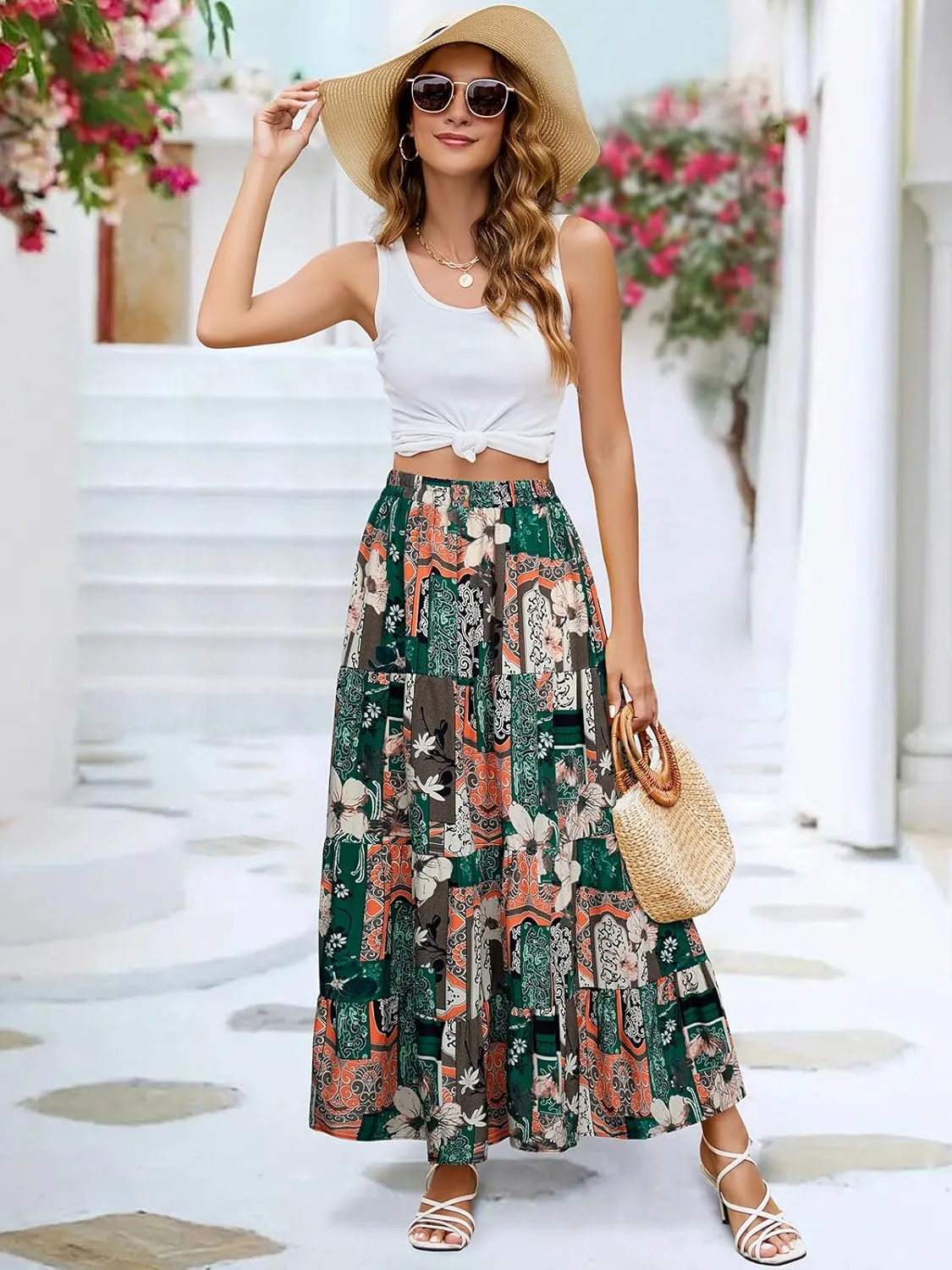 Berydress Long Skirts for Women Trendy Elastic Waist Flowy Summer Ankle Length Boho Flared A Line Tiered Maxi Skirt