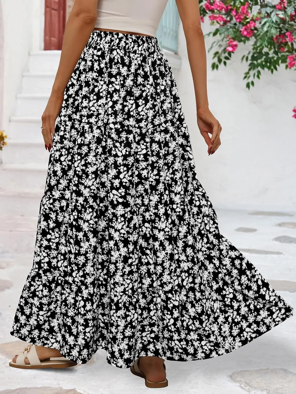 Berydress Long Skirts for Women Trendy Elastic Waist Flowy Summer Ankle Length Boho Flared A Line Tiered Maxi Skirt
