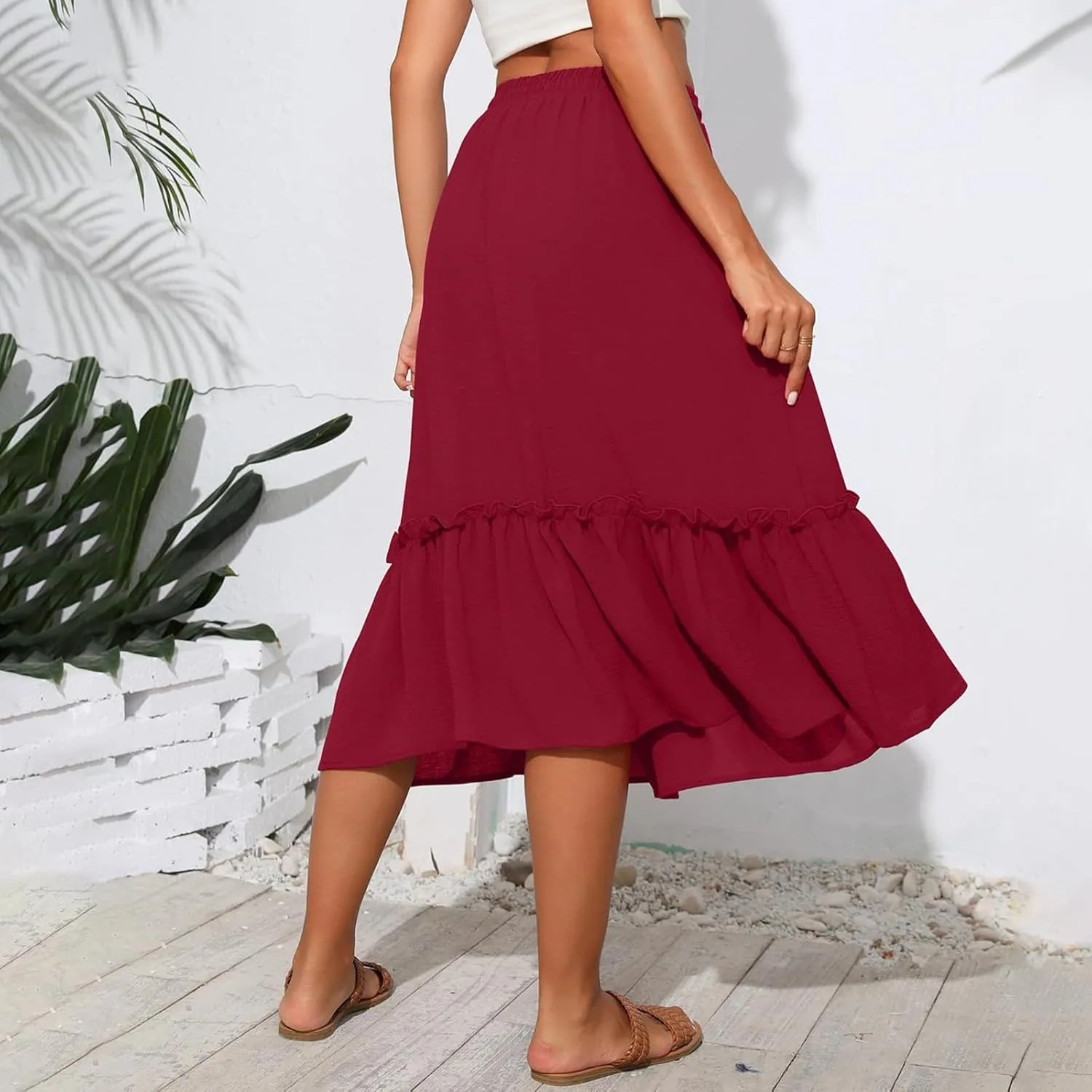 Black Pleated Skirt for Women with Pockets Plus Size A Line Layered Skirts Summer Stretchy Drawstring Beach -Skirts