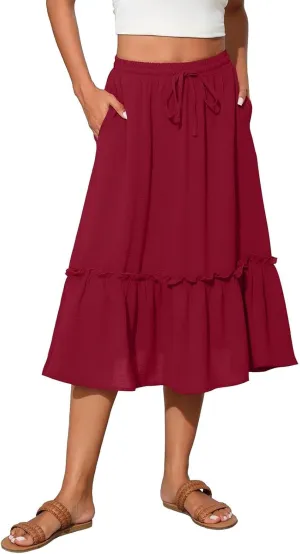 Black Pleated Skirt for Women with Pockets Plus Size A Line Layered Skirts Summer Stretchy Drawstring Beach -Skirts