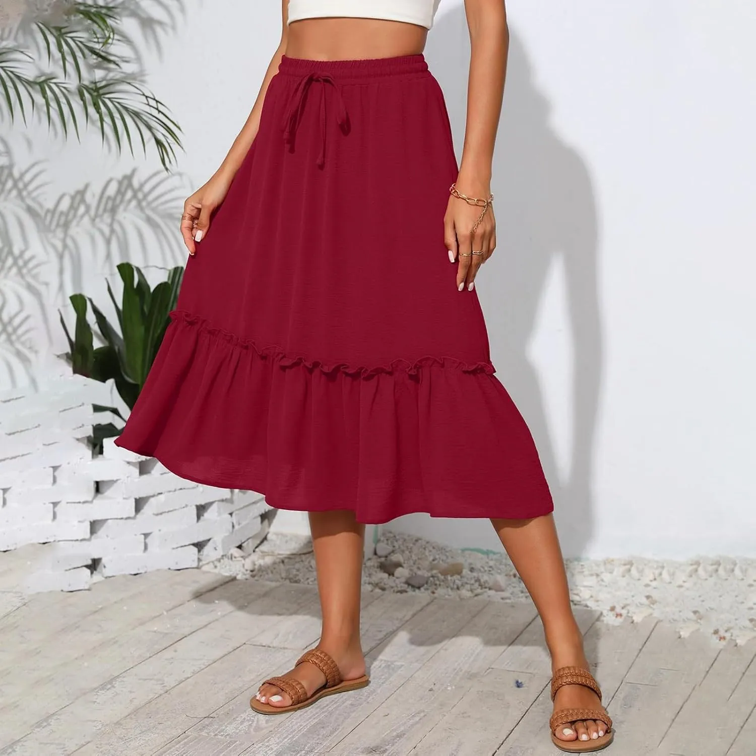Black Pleated Skirt for Women with Pockets Plus Size A Line Layered Skirts Summer Stretchy Drawstring Beach -Skirts