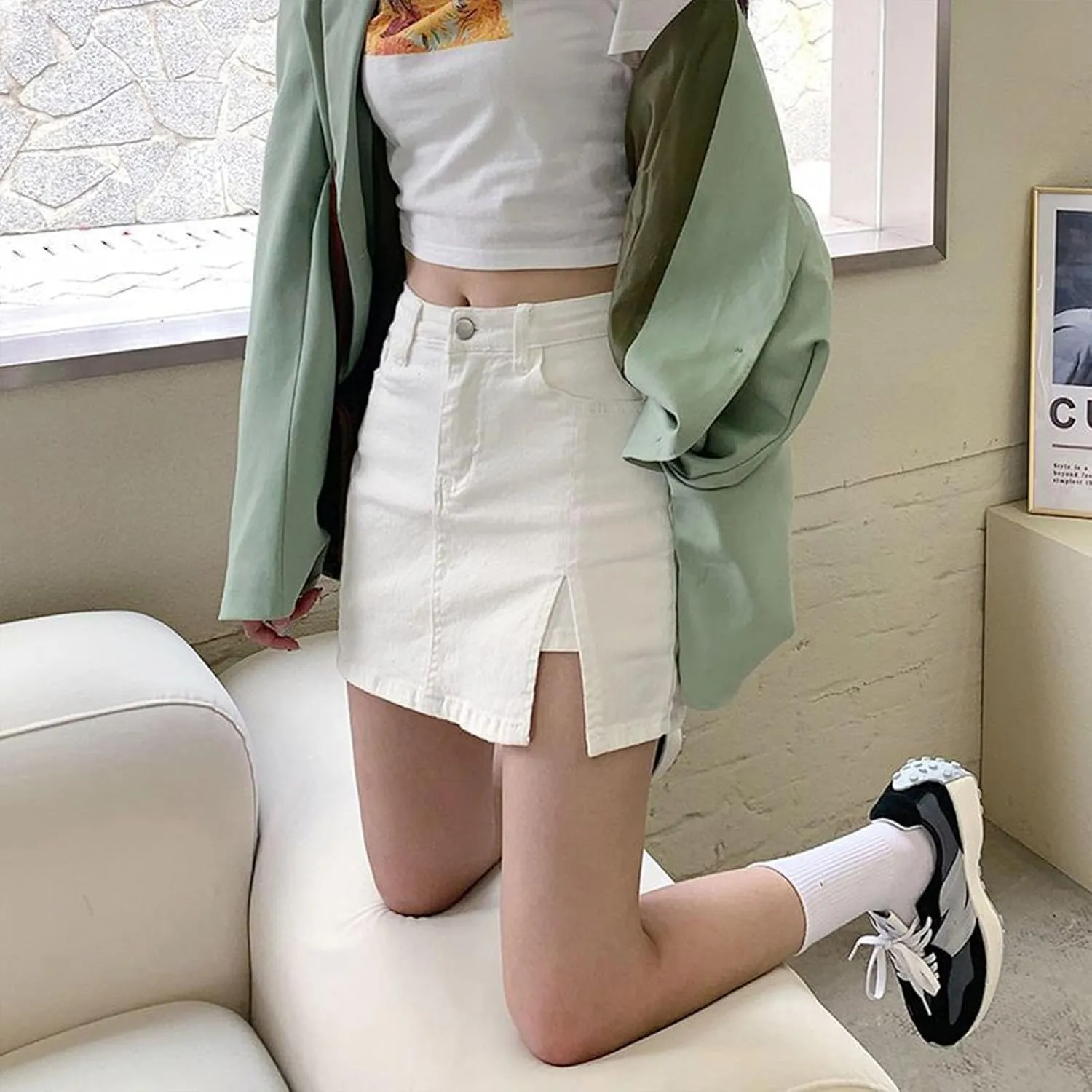 Bloomy Skorts, Bloomy Jean Skorts Women High Waisted Casual Stretchy Denim Skirt Side Split Mini Skirts