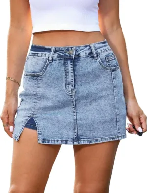 BloomySkorts Jean Skorts, 2025 Womens Denim Jean Mini Short Slit Skirts, Casual High Waisted Side Split Wrap Mini Skirts