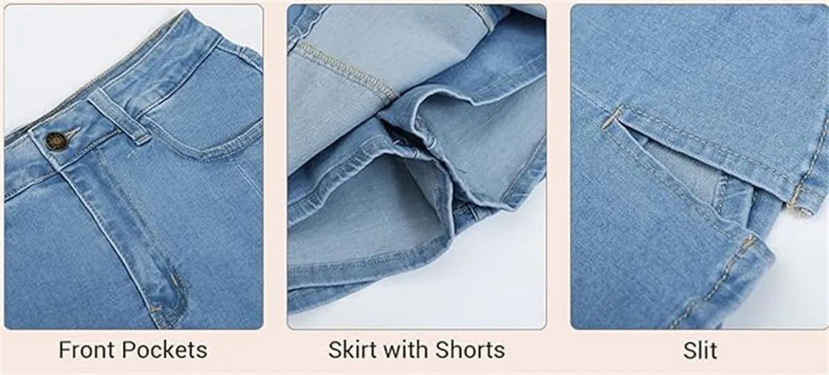 BloomySkorts Jean Skorts, Denim Jean Mini Shorts Slit Skirts for Women, High Waisted Casual Stretchy Denim Skirt