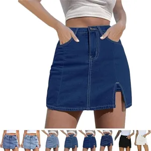 BloomySkorts Jean Skorts, Denim Jean Mini Shorts Slit Skirts for Women, High Waisted Casual Stretchy Denim Skirt