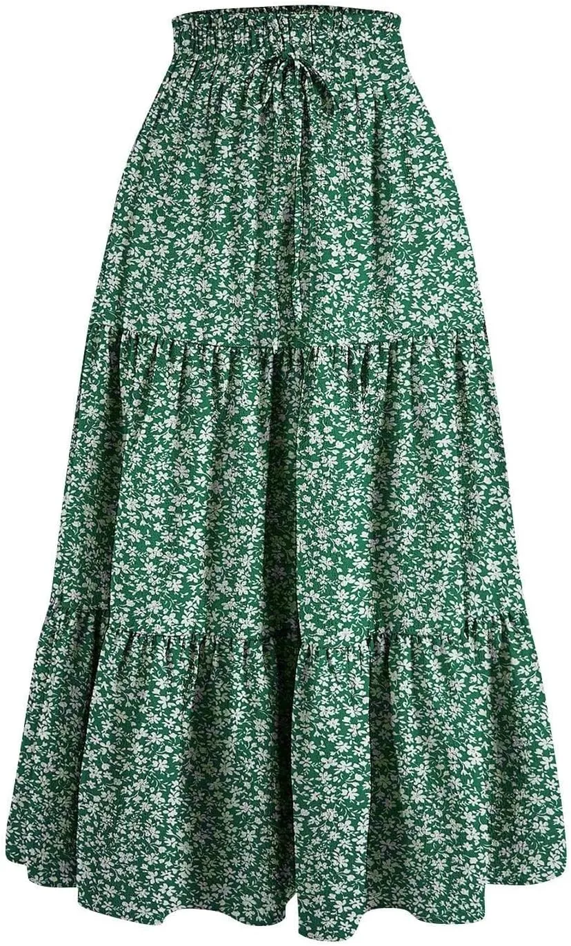 Boho Floral Maxi Skirt for Women 2025 Summer Elastic High Waist A Line Long Skirts Flowy Tiered Skirt with Pockets