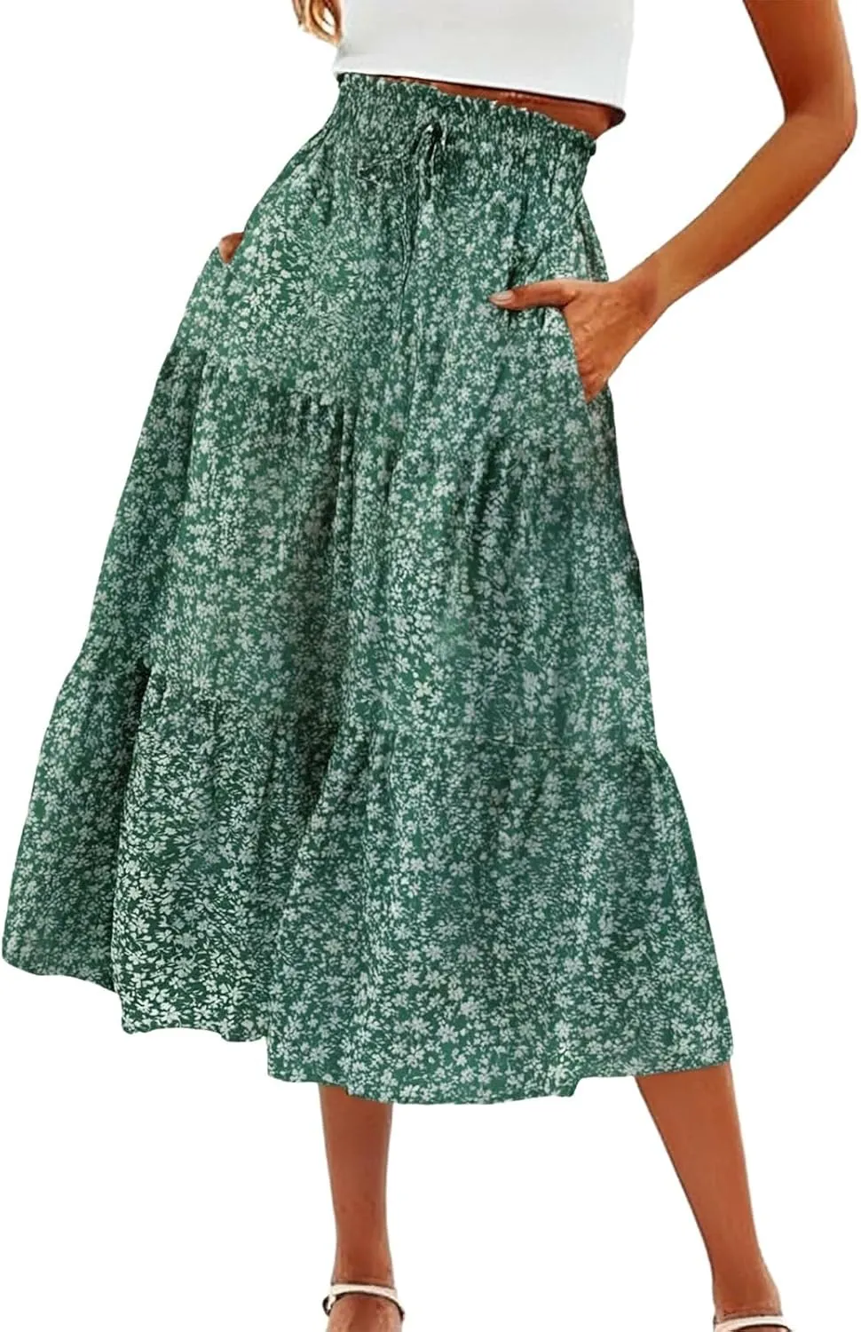 Boho Floral Maxi Skirt for Women 2025 Summer Elastic High Waist A Line Long Skirts Flowy Tiered Skirt with Pockets