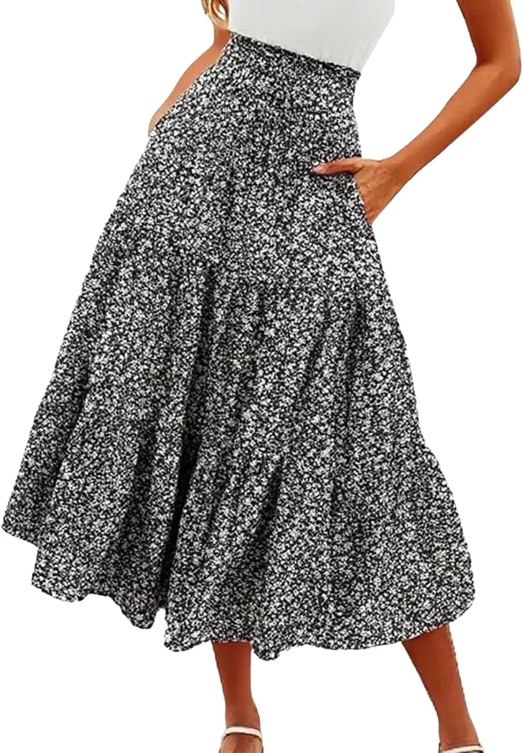 Boho Floral Maxi Skirt for Women 2025 Summer Elastic High Waist A Line Long Skirts Flowy Tiered Skirt with Pockets
