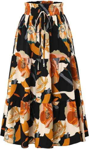 Boho Midi Skirts for Women High Waisted Drawstring A Line Flowy Floral Tiered Skirt Summer Beach Swing Skater Skirt