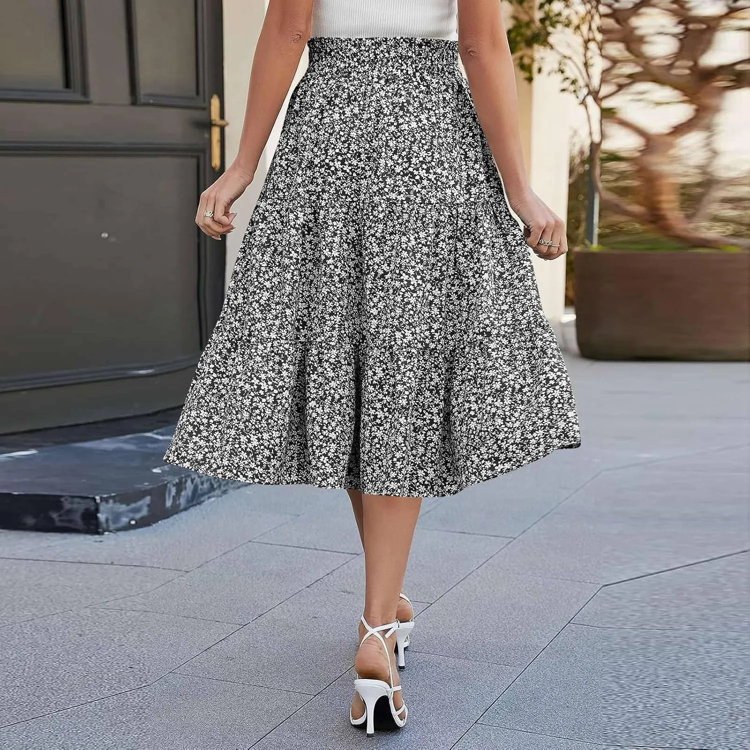 Boho Skirts for Women Drawstring Elastic High Waisted Summer Midi Skirt Work A Line Tiered Pleated Skirts Knee Length