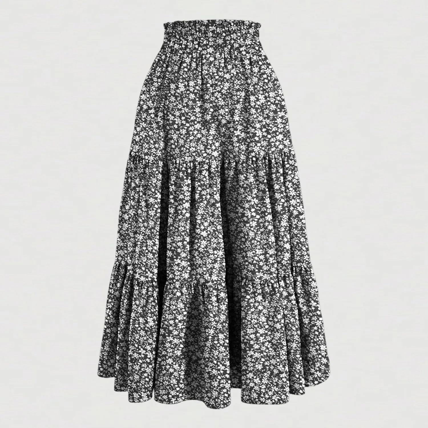 Boho Skirts for Women Drawstring Elastic High Waisted Summer Midi Skirt Work A Line Tiered Pleated Skirts Knee Length