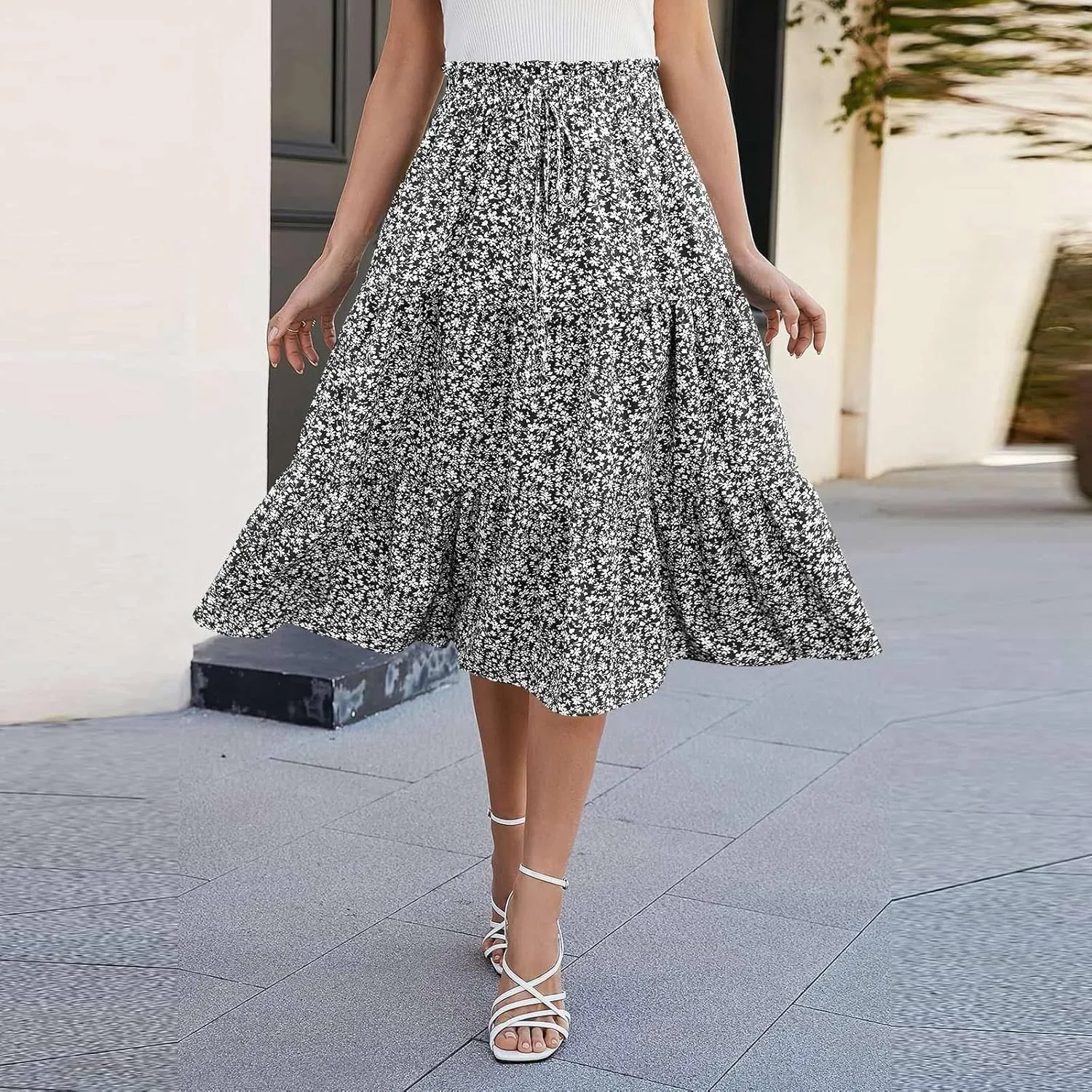 Boho Skirts for Women Drawstring Elastic High Waisted Summer Midi Skirt Work A Line Tiered Pleated Skirts Knee Length