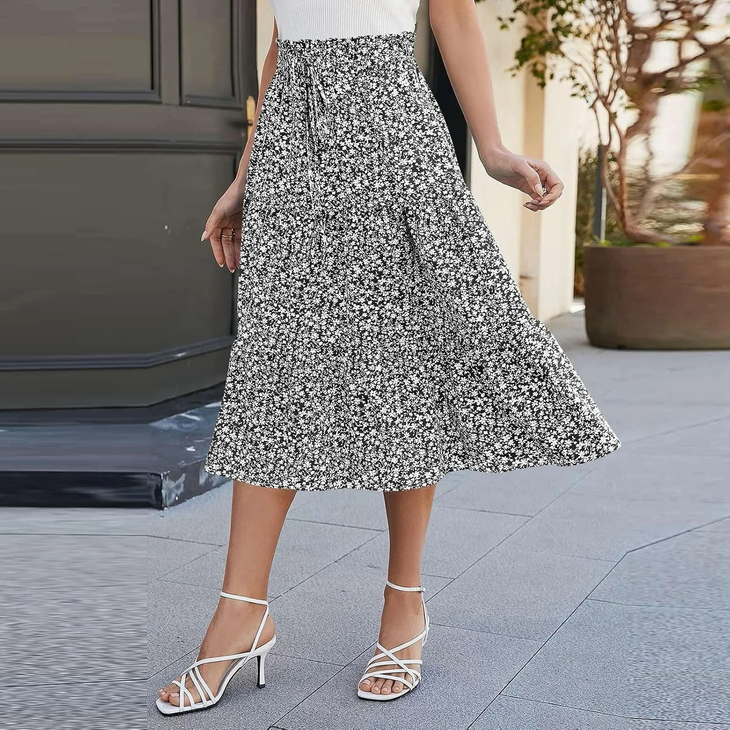 Boho Skirts for Women Drawstring Elastic High Waisted Summer Midi Skirt Work A Line Tiered Pleated Skirts Knee Length