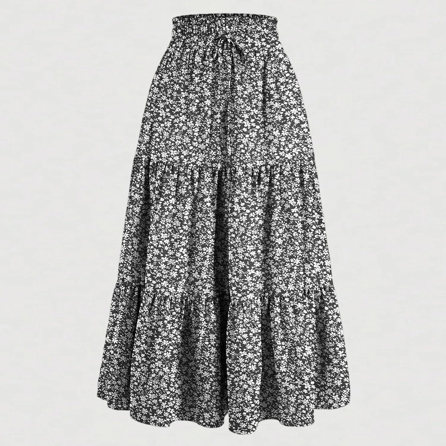 Boho Skirts for Women Drawstring Elastic High Waisted Summer Midi Skirt Work A Line Tiered Pleated Skirts Knee Length