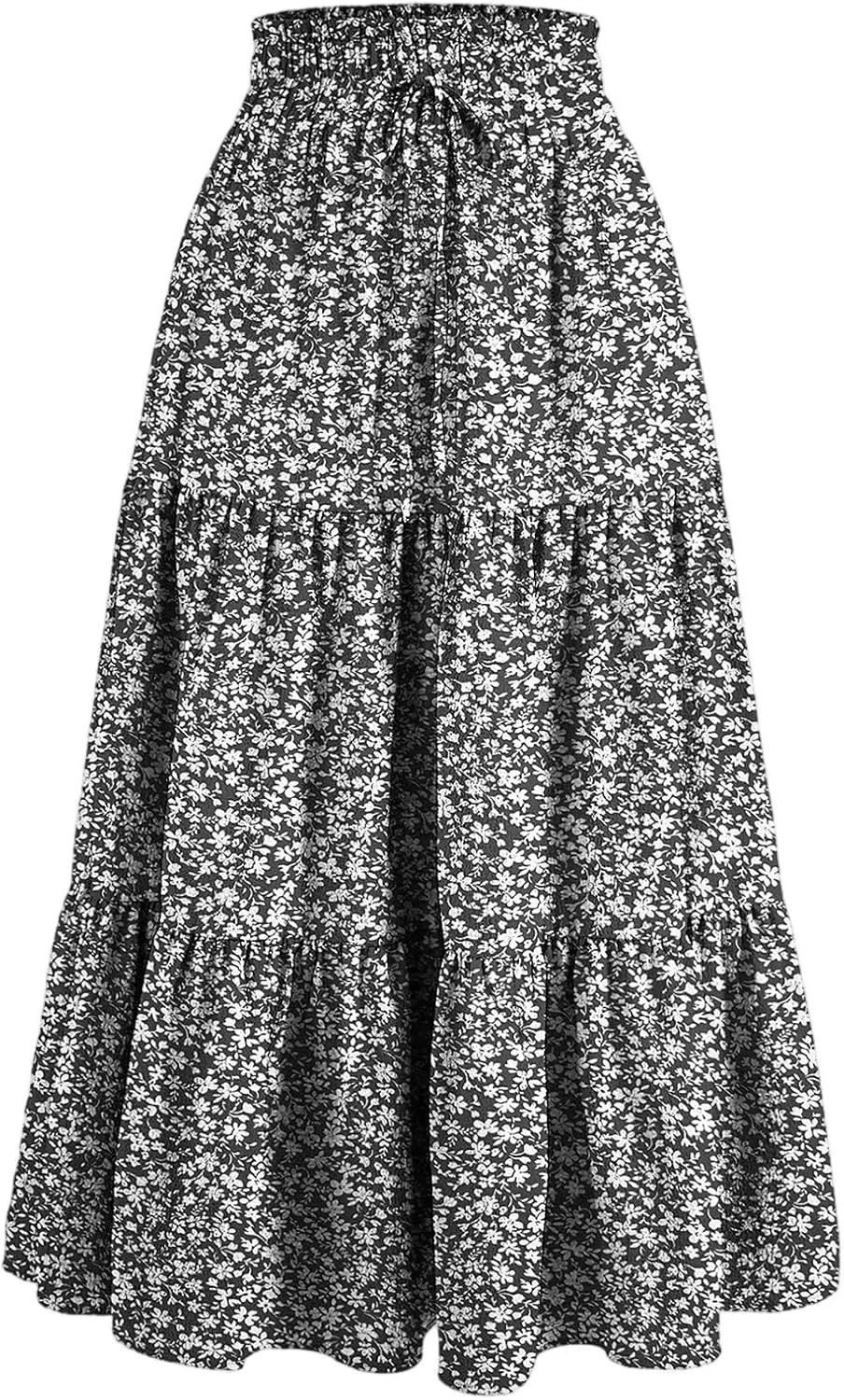 Boho Skirts for Women Drawstring Elastic High Waisted Summer Midi Skirt Work A Line Tiered Pleated Skirts Knee Length