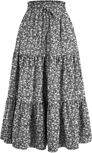 Boho Skirts for Women Drawstring Elastic High Waisted Summer Midi Skirt Work A Line Tiered Pleated Skirts Knee Length