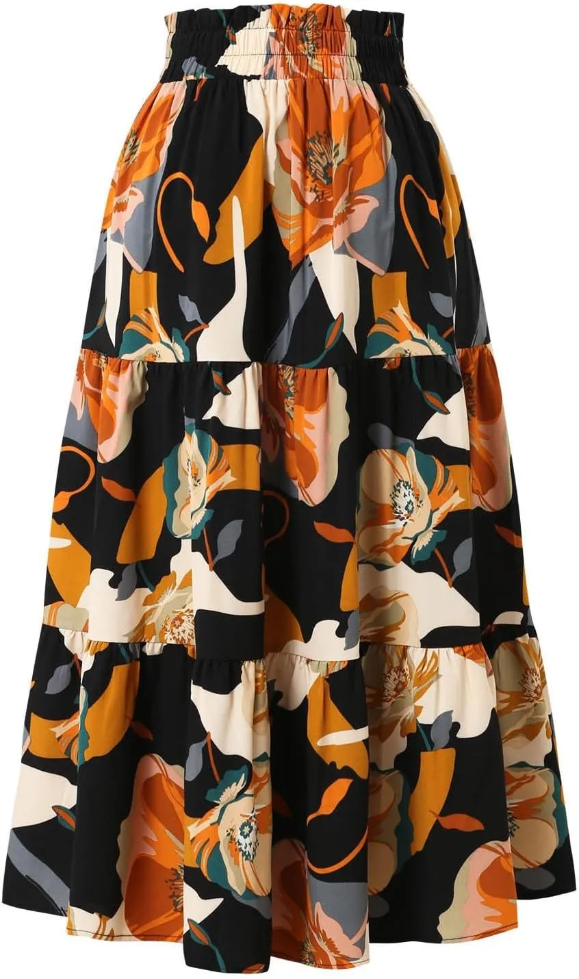 Boho Skirts for Women Trendy Beach Elastic Waist Travel Swing Peasant Pleated Country Flowy Business Smocked Skirts