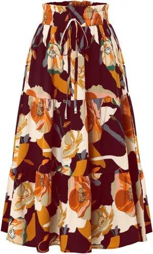 Boho Skirts for Women Trendy Beach Elastic Waist Travel Swing Peasant Pleated Country Flowy Business Smocked Skirts