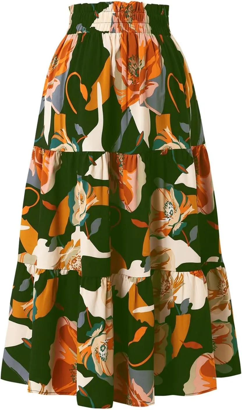 Boho Skirts for Women Trendy Beach Elastic Waist Travel Swing Peasant Pleated Country Flowy Business Smocked Skirts