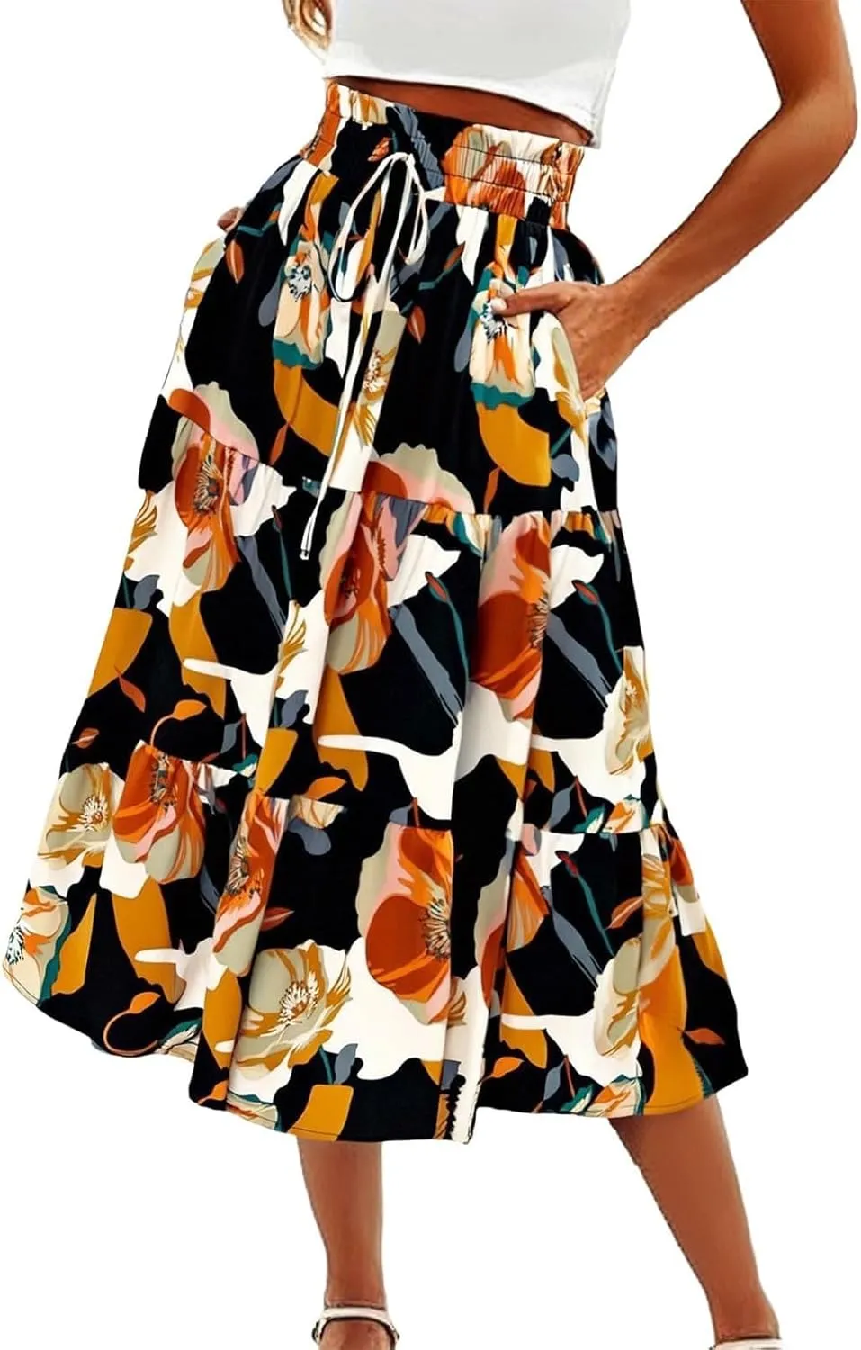 Boho Skirts for Women Trendy Beach Elastic Waist Travel Swing Peasant Pleated Country Flowy Business Smocked Skirts
