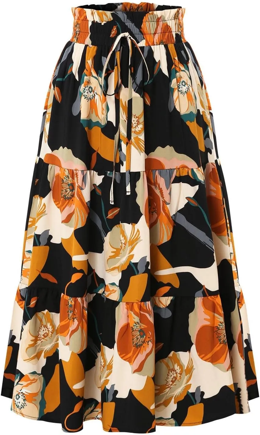 Boho Skirts for Women Trendy Beach Elastic Waist Travel Swing Peasant Pleated Country Flowy Business Smocked Skirts