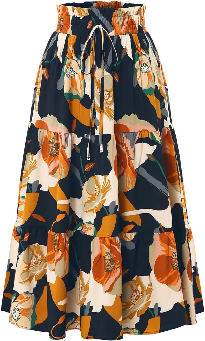 Boho Skirts for Women Trendy Beach Elastic Waist Travel Swing Peasant Pleated Country Flowy Business Smocked Skirts