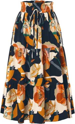 Boho Skirts for Women Trendy Beach Elastic Waist Travel Swing Peasant Pleated Country Flowy Business Smocked Skirts