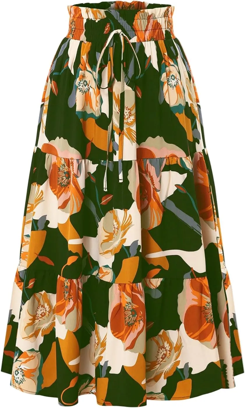 Boho Skirts for Women Trendy Beach Elastic Waist Travel Swing Peasant Pleated Country Flowy Business Smocked Skirts